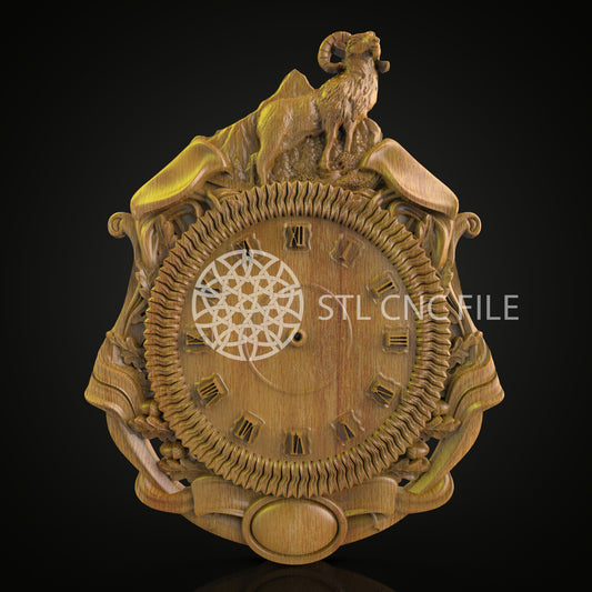Mountain Ram 3D STL Clock Model - Rustic CNC Engraving File, Wildlife Art, Wood Wall Decor, Artcam & Aspire, Nature Inspired Timepiece