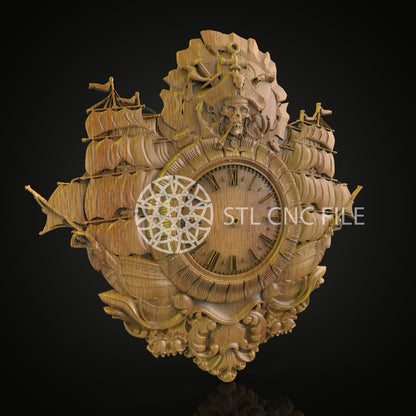 Nautical Fleet 3D STL Clock Model - CNC Carving Art, Maritime Ship Design, Artcam & Aspire, Wooden Wall Decor, Sea Explorer Timepiece