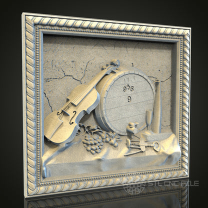 Vintage Wine and Violin Relief | STL Model for CNC Router, 3D Printer | Aspire, Artcam, CNC Files