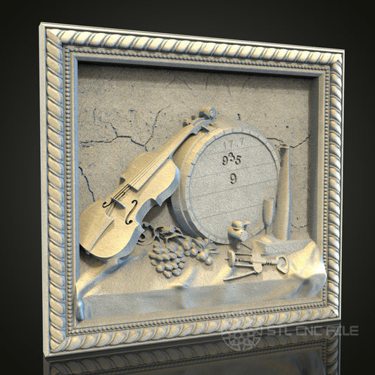 Vintage Wine and Violin Relief | STL Model for CNC Router, 3D Printer | Aspire, Artcam, CNC Files
