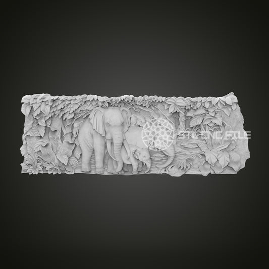 Elephant Family Relief STL File for CNC, Wildlife Scene Carving Design for Artcam, Aspire, Nature Art Panel