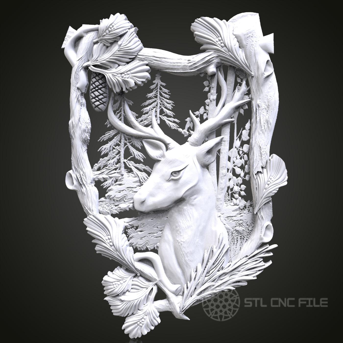 Majestic Stag - Forest 3D CNC Engraved Wood Panel, Artcam Aspire STL Model for CNC Router, Wildlife Wall Art