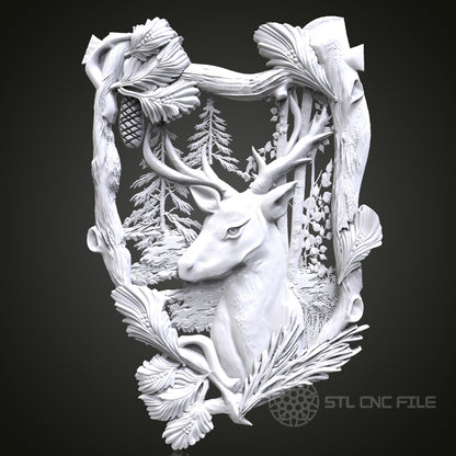 Majestic Stag - Forest 3D CNC Engraved Wood Panel, Artcam Aspire STL Model for CNC Router, Wildlife Wall Art
