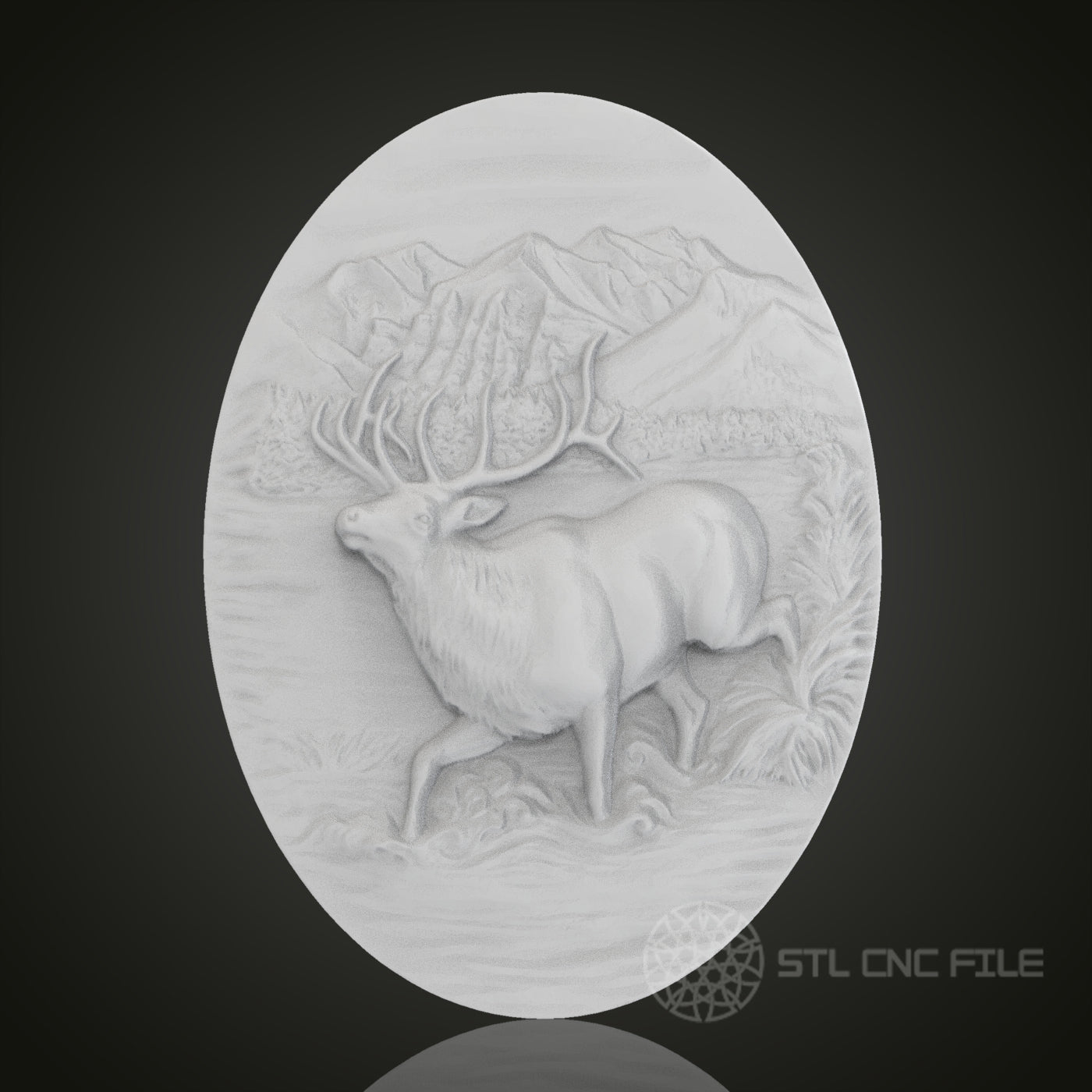 Mountain Elk Oval 3D Relief Art for CNC Router, Artcam, Aspire, Wall Decor, STL Model, Compatible with 3D Printers