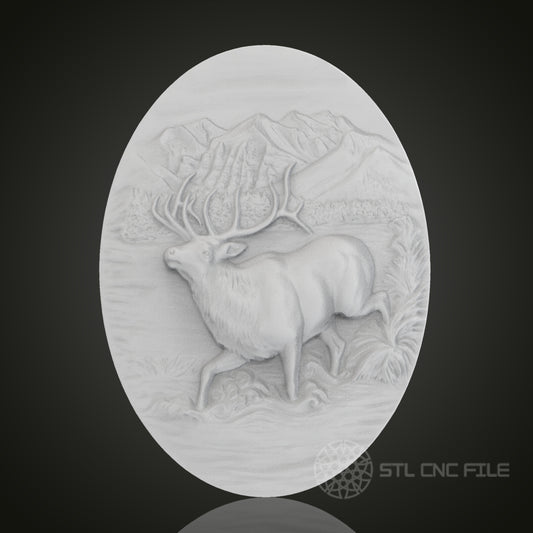Mountain Elk Oval 3D Relief Art for CNC Router, Artcam, Aspire, Wall Decor, STL Model, Compatible with 3D Printers