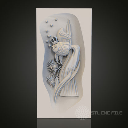 Aquatic Grace - Artistic Fish 3D CNC Engraved Wood Panel, Artcam Aspire STL Model for CNC Router, Marine Life Wall Art