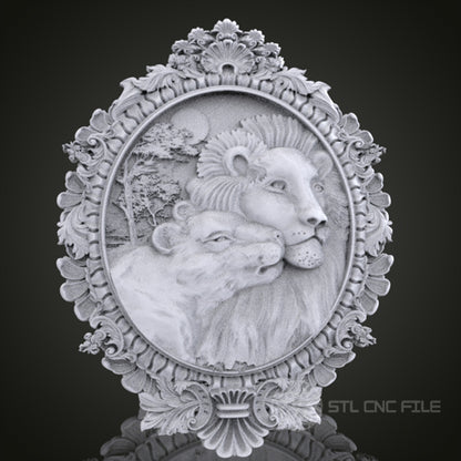 Regal Lion Pair 3D Relief Art for CNC Router, Artcam, Aspire, Wall Decor, STL Model, Compatible with 3D Printers