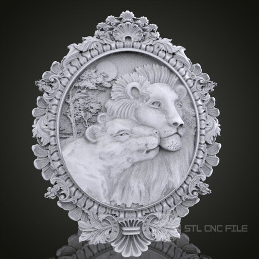 Regal Lion Pair 3D Relief Art for CNC Router, Artcam, Aspire, Wall Decor, STL Model, Compatible with 3D Printers