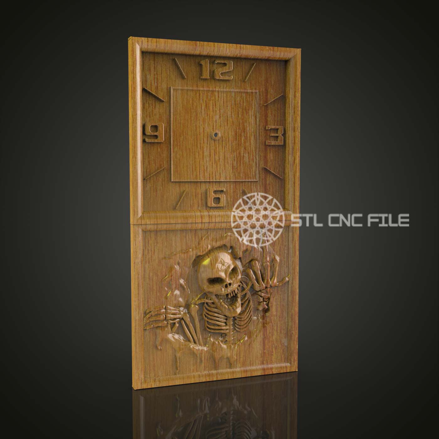 Horloge squelette gothique modèle STL pour gravure CNC, art du bois effrayant, décoration murale Halloween, fichiers CNC pour Artcam Aspire, pièce d'horlogerie unique