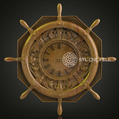 Nautical Ship Wheel Clock STL for CNC Router, Wood Artcam & Aspire, Maritime Wall Decor