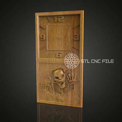 Horloge squelette gothique modèle STL pour gravure CNC, art du bois effrayant, décoration murale Halloween, fichiers CNC pour Artcam Aspire, pièce d'horlogerie unique