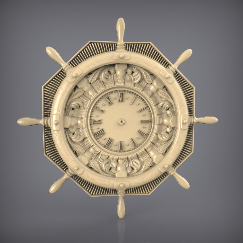 Nautical Ship Wheel Clock STL for CNC Router, Wood Artcam & Aspire, Maritime Wall Decor