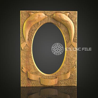 Jumping Dolphins CNC Engraved Frame - Nautical Theme Wood Carving, Decorative Mirror Frame
