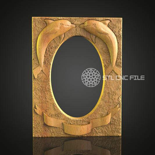 Jumping Dolphins CNC Engraved Frame - Nautical Theme Wood Carving, Decorative Mirror Frame
