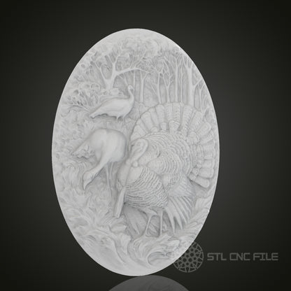 Turkey and Deer Oval 3D Relief Art for CNC Router, Artcam, Aspire, Wall Decor, STL Model, Compatible with 3D Printers