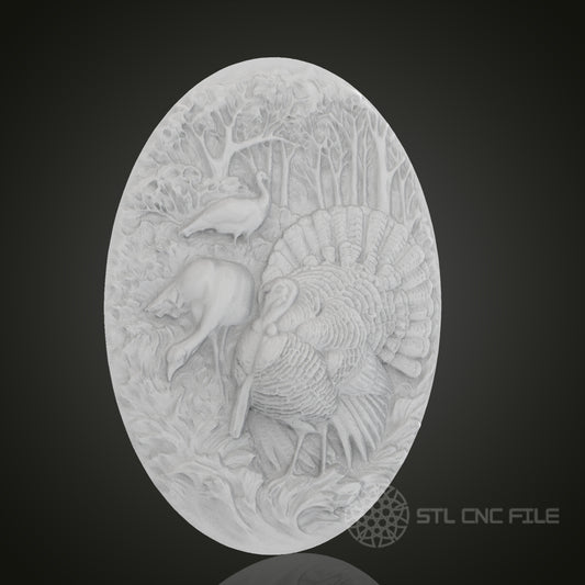 Turkey and Deer Oval 3D Relief Art for CNC Router, Artcam, Aspire, Wall Decor, STL Model, Compatible with 3D Printers