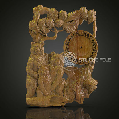 Forest Bear Family Clock STL Model, CNC Router Engraving File, Woodland Wall Art, Compatible with Artcam Aspire, Nature Inspired CNC Design