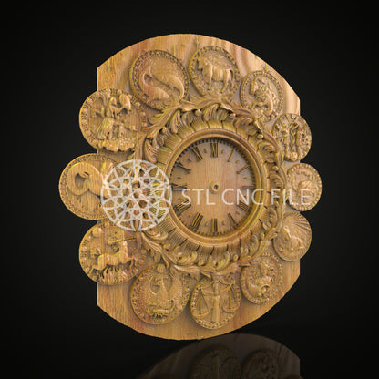 Zodiac-Themed Wall Clock STL - Carved Wood Router CNC Model, Artcam and Aspire Files, Stylish Watch, Celestial Wall Art
