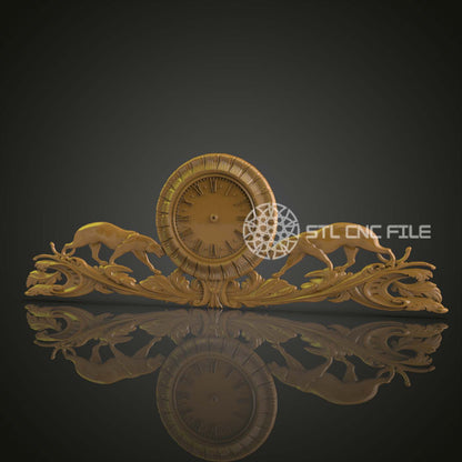 Elegant 3D Relief Clock with Leaping Gazelles STL Model for CNC Router Engraving, Luxurious Wood Art Wall Decor CNC Files for Artcam, Aspire