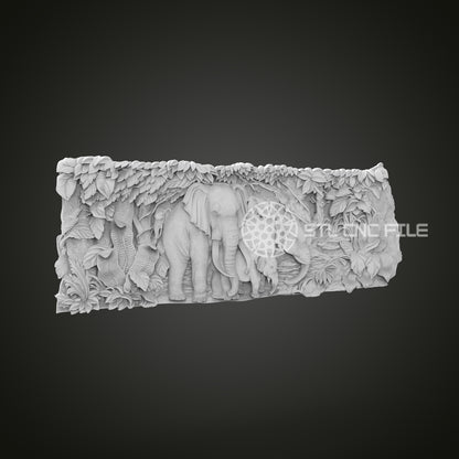 Elephant Family Relief STL File for CNC, Wildlife Scene Carving Design for Artcam, Aspire, Nature Art Panel