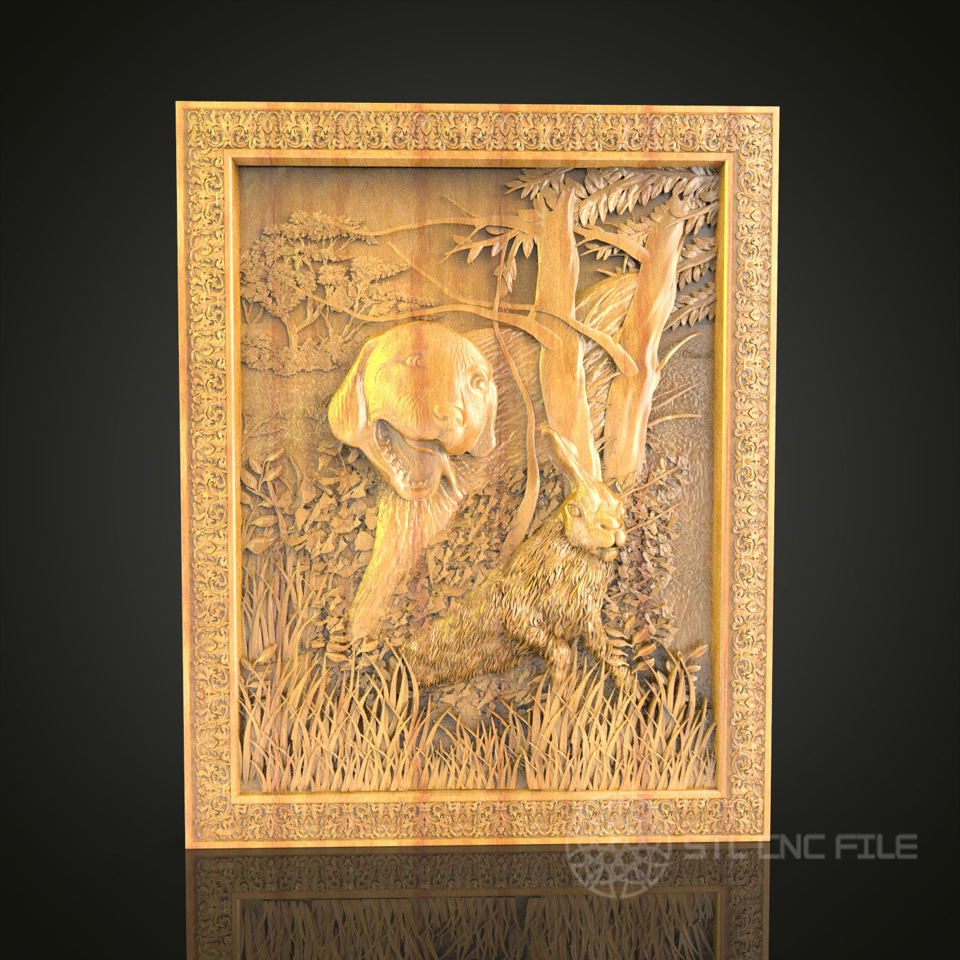 Forest Encounter 3D Relief STL File for CNC, Deer and Hare Wood Wall Art