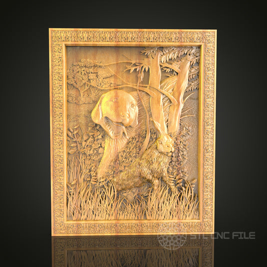 Forest Encounter 3D Relief STL File for CNC, Deer and Hare Wood Wall Art