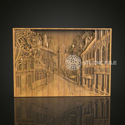 Fantastical Architectural CNC Wall Art - Detailed Streetscape Wood Engraving