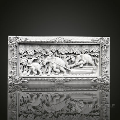Elephant Jungle - 3D CNC Engraved Wood Panel, Artcam Aspire STL Model for CNC Router, Wildlife Art