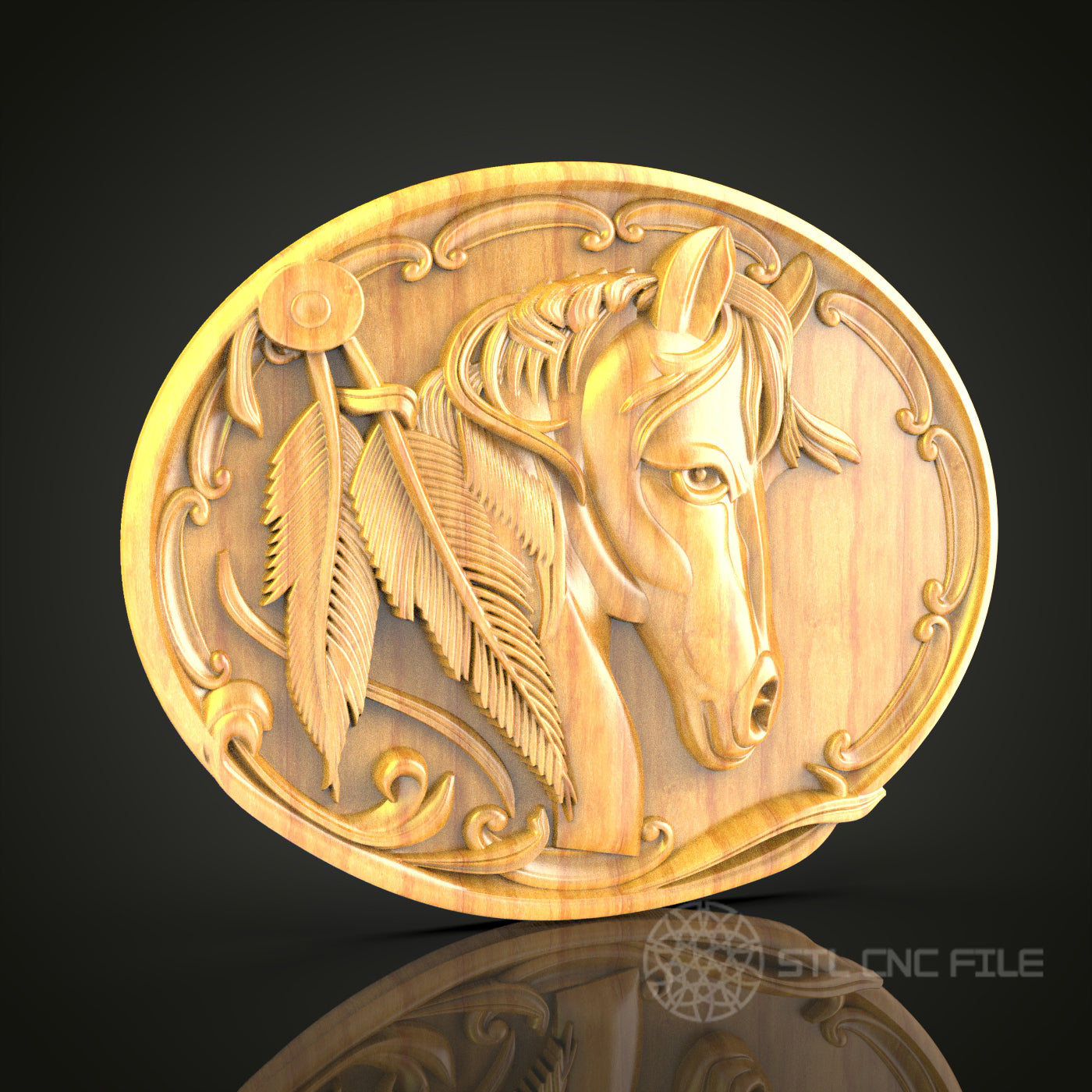 Elegant Horse - Oval 3D CNC Engraved Wood Panel, Equestrian Wall Art, Artcam Aspire STL Model for CNC Router, Horse Lover Decor