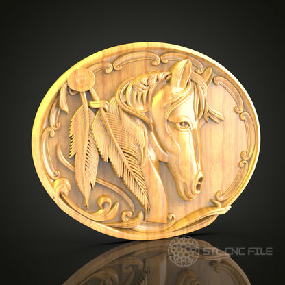 Elegant Horse - Oval 3D CNC Engraved Wood Panel, Equestrian Wall Art, Artcam Aspire STL Model for CNC Router, Horse Lover Decor