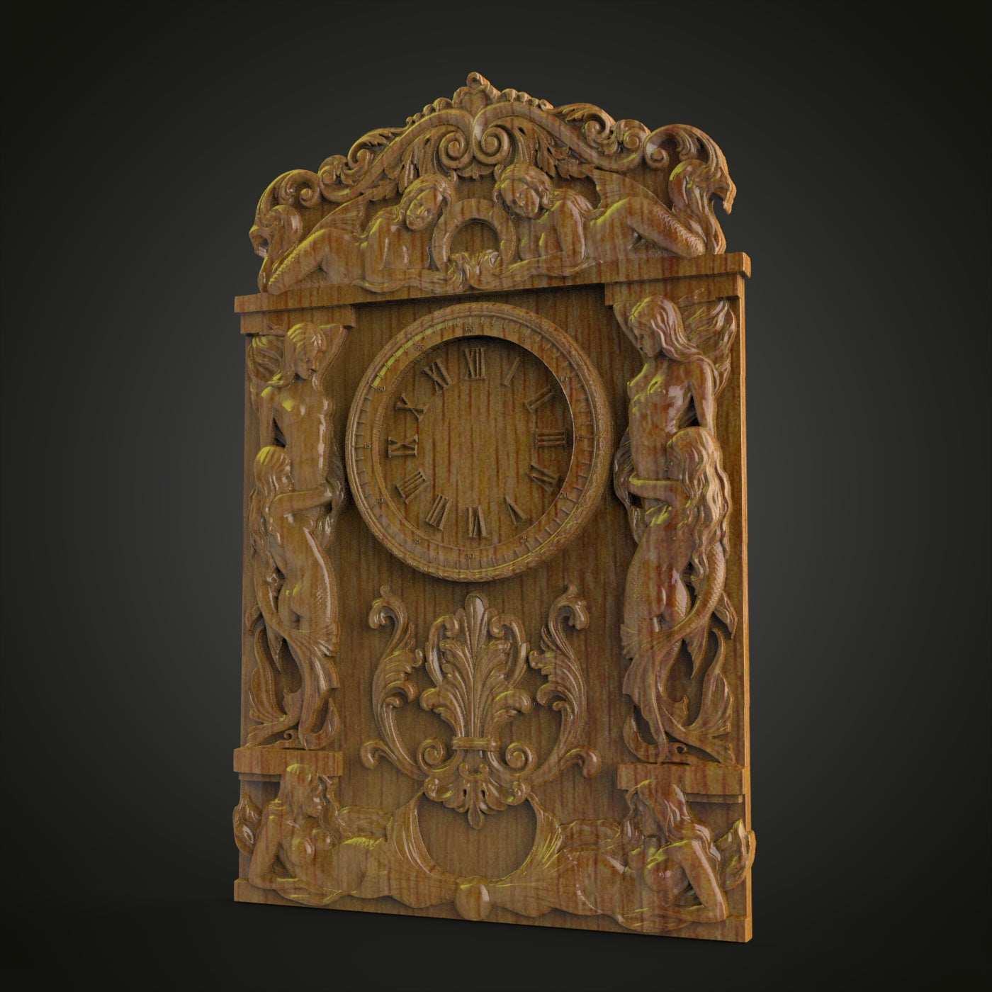 Baroque Mermaid Clock STL Model - CNC Engraving Files for Ornate Watch, Wood Art Artcam Aspire