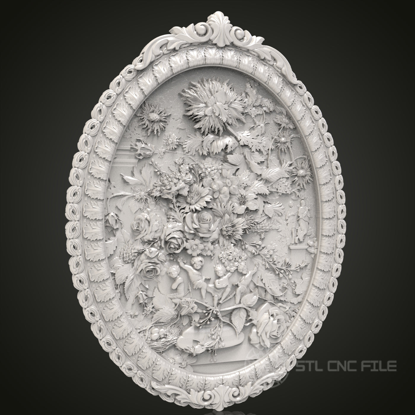 Floral Majesty - Ornate Oval 3D CNC Engraved Wood Frame, Artcam Aspire STL Model for CNC Router, Luxurious Wall Art