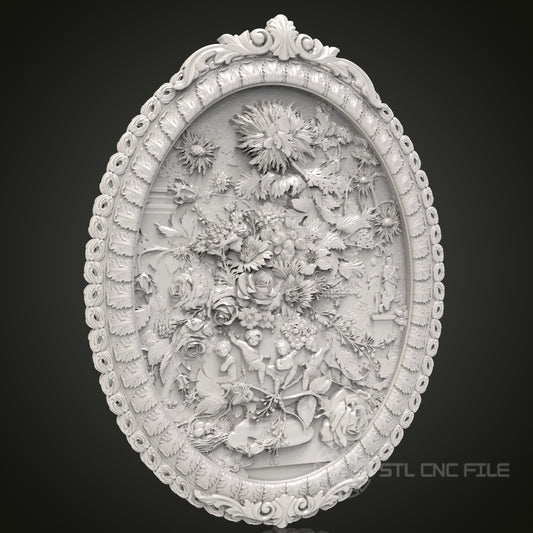Floral Majesty - Ornate Oval 3D CNC Engraved Wood Frame, Artcam Aspire STL Model for CNC Router, Luxurious Wall Art