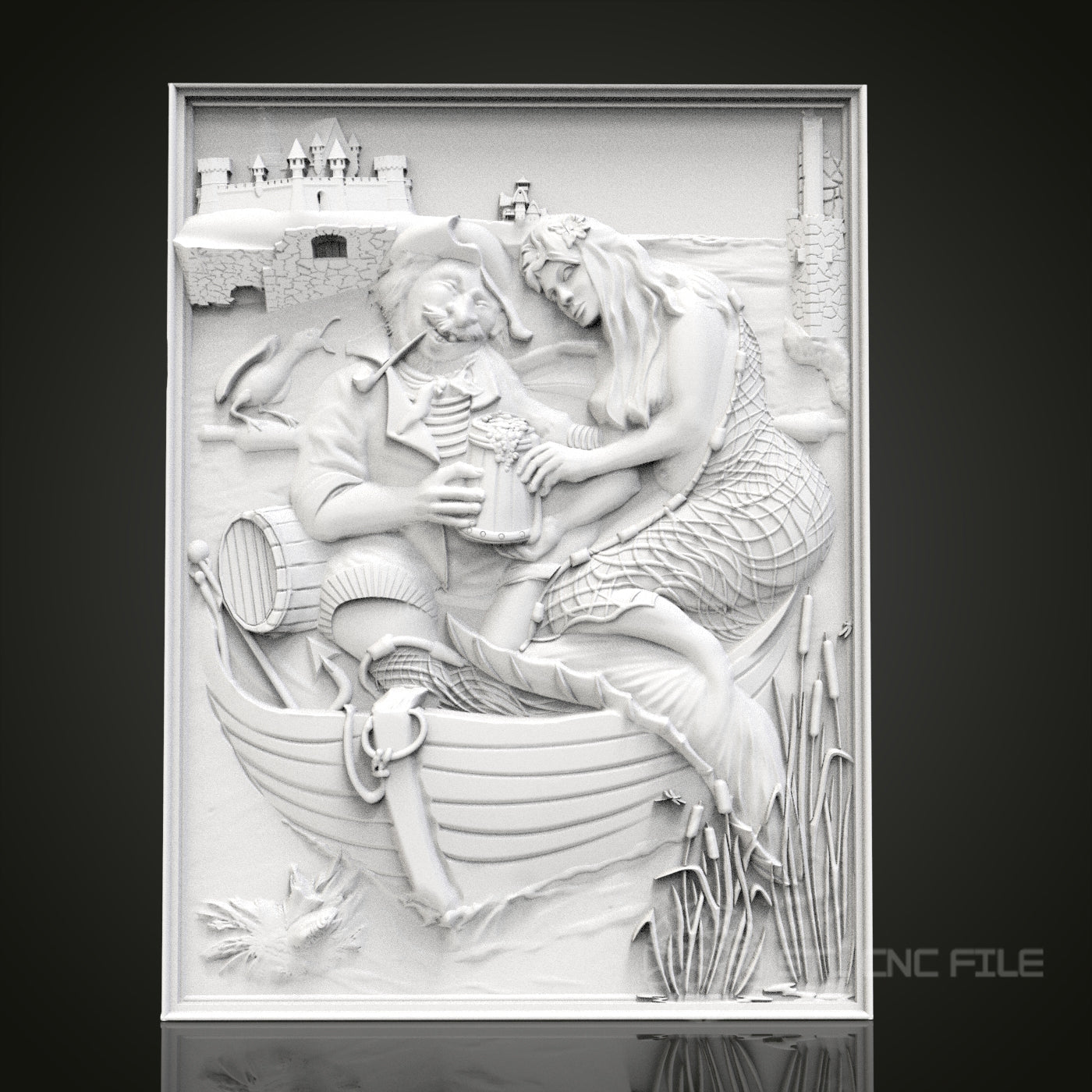 Nautical Tales - Sailor and Mermaid 3D CNC Engraved Wood Panel, Artcam Aspire STL Model for CNC Router, Whimsical Marine Art