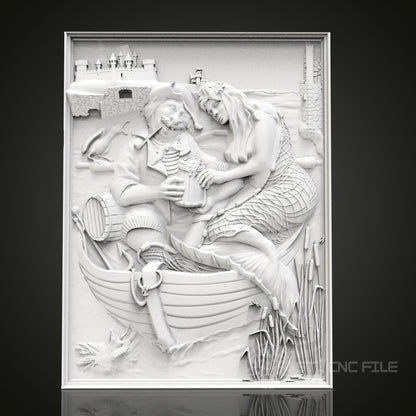 Nautical Tales - Sailor and Mermaid 3D CNC Engraved Wood Panel, Artcam Aspire STL Model for CNC Router, Whimsical Marine Art