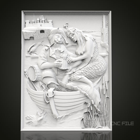 Nautical Tales - Sailor and Mermaid 3D CNC Engraved Wood Panel, Artcam Aspire STL Model for CNC Router, Whimsical Marine Art