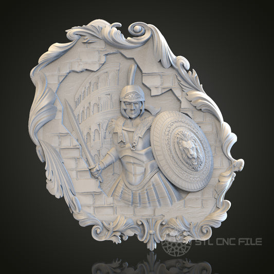 Roman Valor - Warrior and Colosseum 3D CNC Engraved Wood Panel, Artcam Aspire STL Model for CNC Router, Historical Wall Art