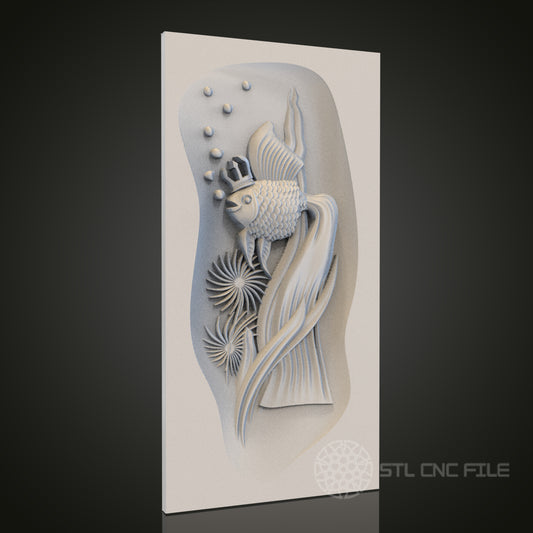 Aquatic Grace - Artistic Fish 3D CNC Engraved Wood Panel, Artcam Aspire STL Model for CNC Router, Marine Life Wall Art